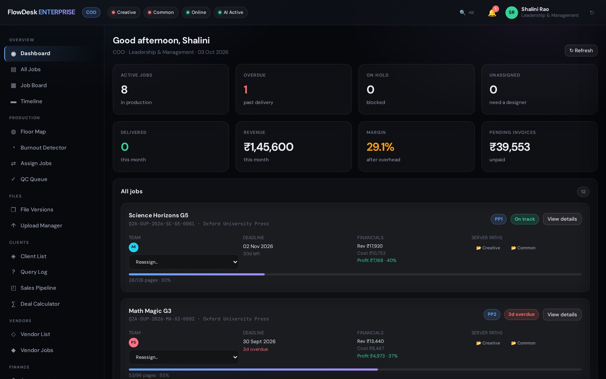 FlowDesk Dashboard screen